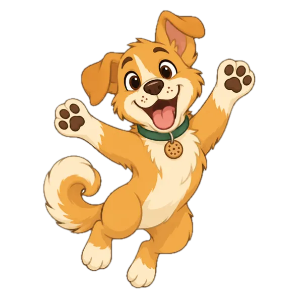 Biscuit celebrating with arms up after a lesson is complete.