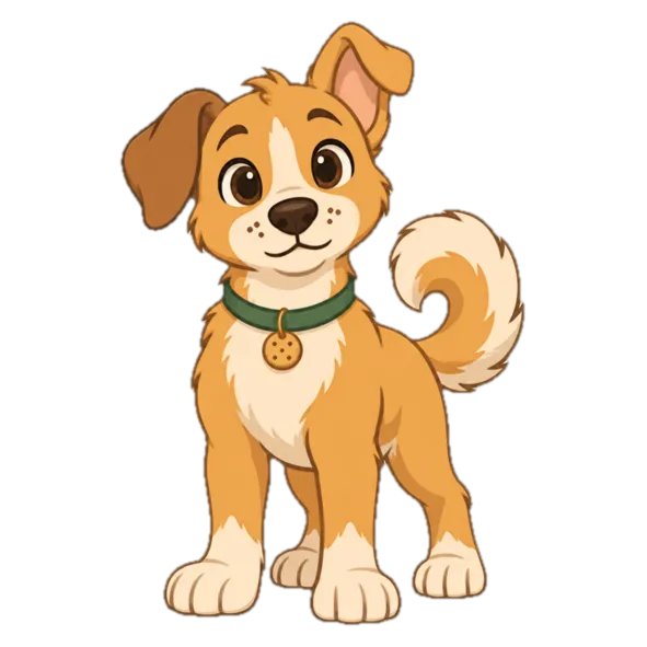 Biscuit, a friendly cartoon dog with one floppy ear and one perked-up ear, standing and smiling.